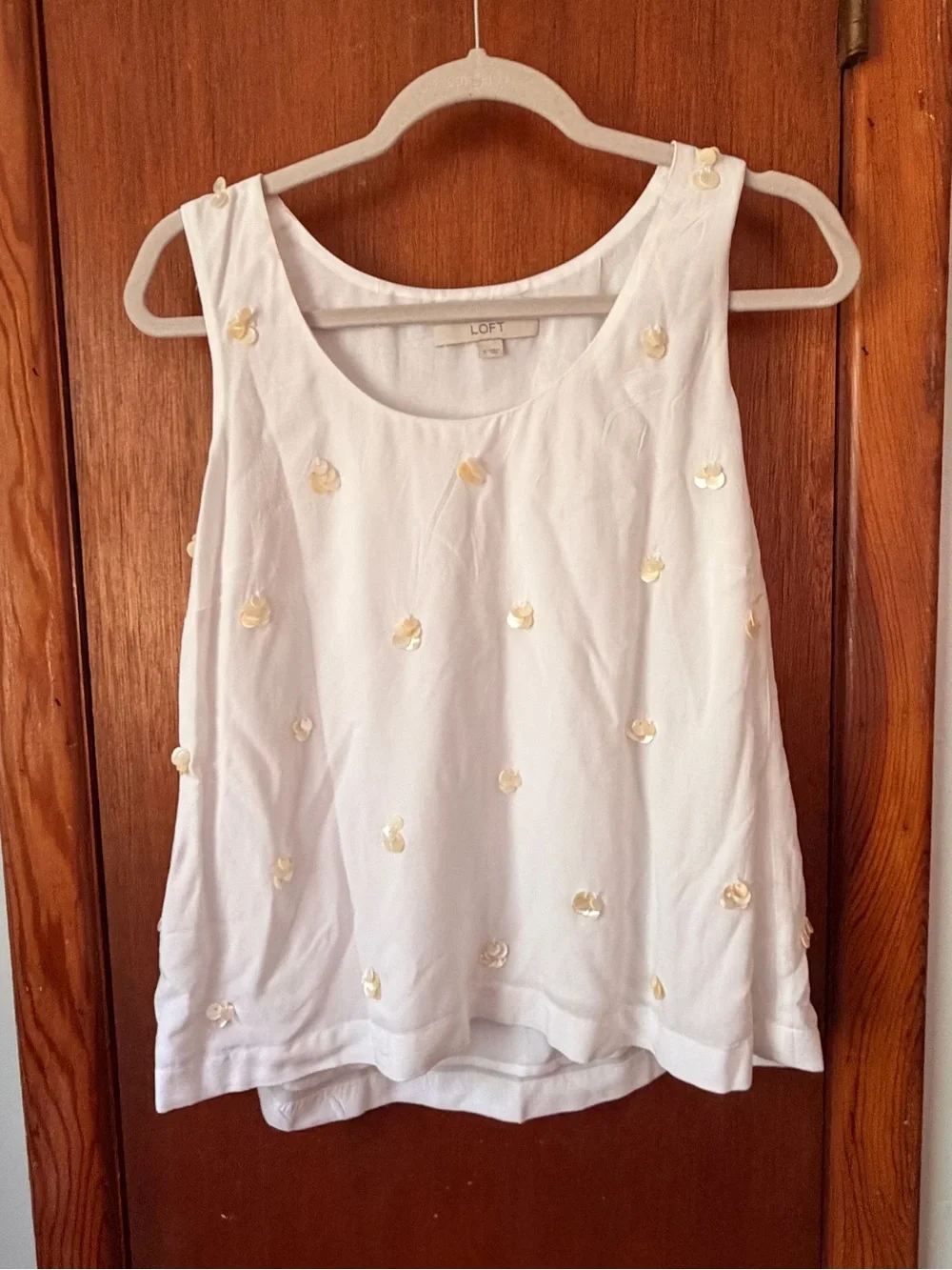 LOFT White Sleeveless Blouse with Ivory Sequin Flowers - Picture 4 of 9